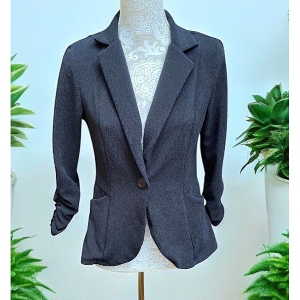 Simply Ruby Black Stretch Blazer L Fits M Ruched Sleeve Fitted Office Wear Chic